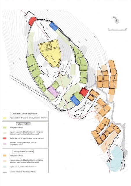 Plan du château et de son village castral. Relevés topographiques Florence Guery-Bioteau & Virginie Jolie, archéologues Arnaud Coiffé et Thibaut Lasnier